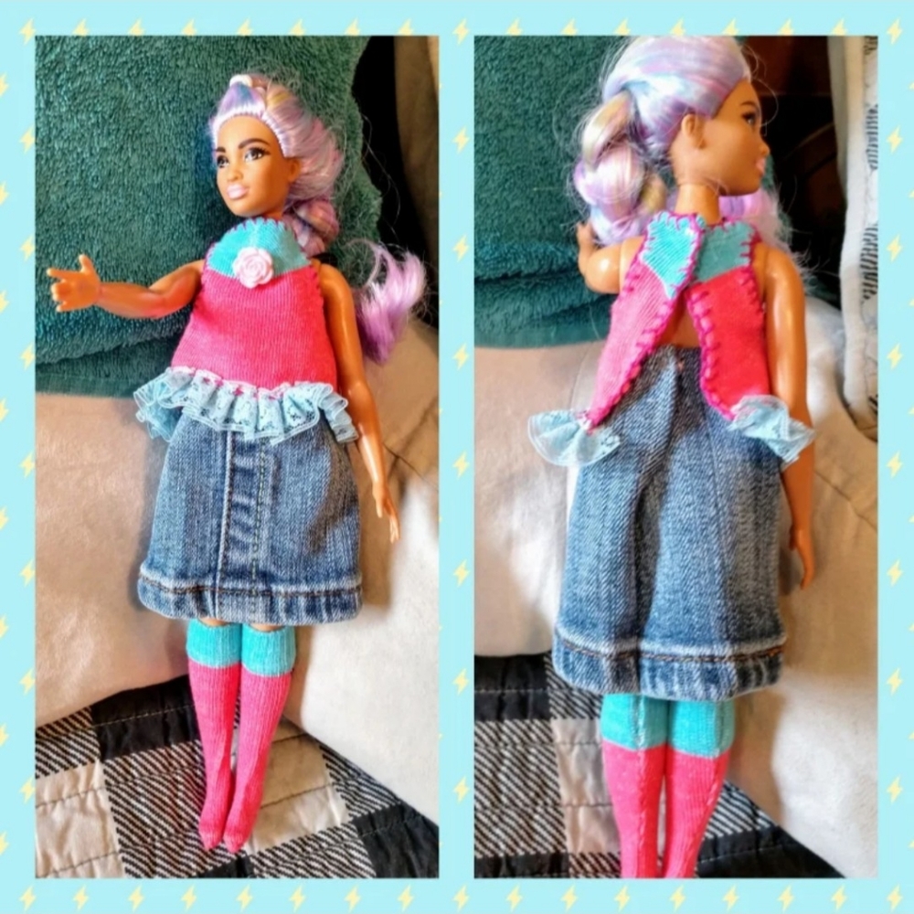 Handmade (Curvy) Barbie 3 pc outfit jean skirt original